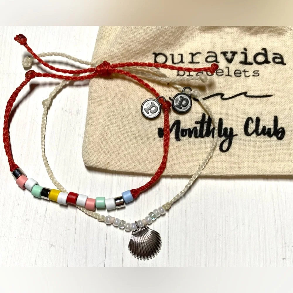 PuraVida Cream Red Braided Beaded Shell Charm String Bracelets Boho Y2K Festival